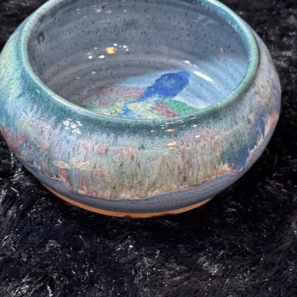 Frog Pond Pottery Seagrove NC Hand Thrown Bowl Multicolor Blues Glazed Signed - Picture 3 of 7